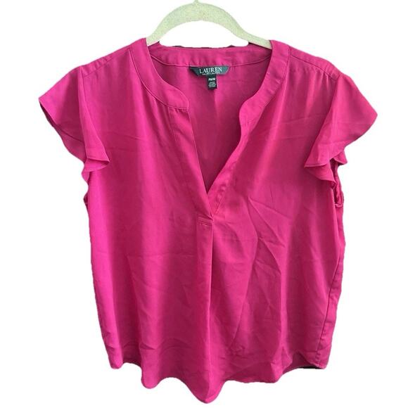 Lauren Ralph‎ Lauren Women's Flutter Sleeve Top Blouse Hot Pink V Neck Size PM - Picture 1 of 7